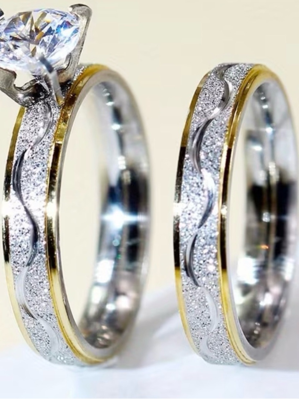 Two-Tone Silver and Gold Wave Band Set - Women Jewelry